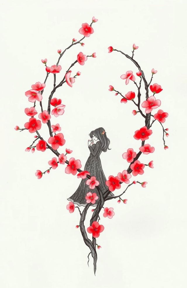 A delicate, hand-drawn design showcasing intertwined cherry blossom branches, symbolizing the forbidden love between two characters named Joon-Hyuk and Siya