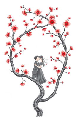 A delicate, hand-drawn design showcasing intertwined cherry blossom branches, symbolizing the forbidden love between two characters named Joon-Hyuk and Siya