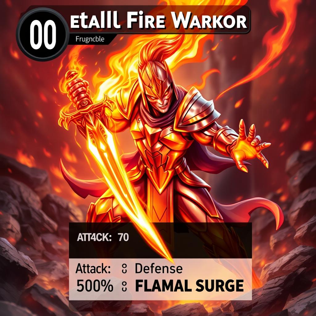 A captivating trading card design featuring a Metallic Fire Warrior character, poised for action with a fierce and determined expression