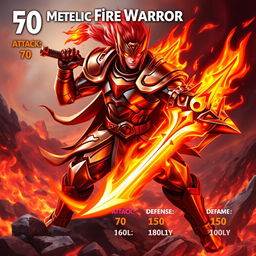 A captivating trading card design featuring a Metallic Fire Warrior character, poised for action with a fierce and determined expression