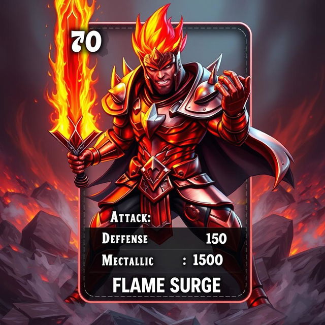 A captivating trading card design featuring a Metallic Fire Warrior character, poised for action with a fierce and determined expression