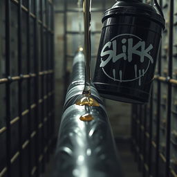 A close-up view of a large black baseball bat wrapped in clear plastic, positioned in a gritty prison cell