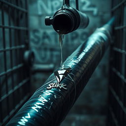 A close-up view of a large black baseball bat wrapped in clear plastic, positioned in a gritty prison cell