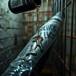 A close-up view of a large black baseball bat wrapped in clear plastic, positioned in a gritty prison cell