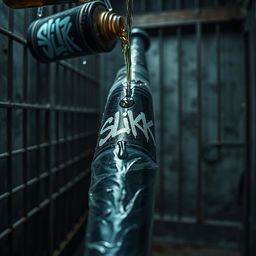 A close-up view of a large black baseball bat wrapped in clear plastic, positioned in a gritty prison cell