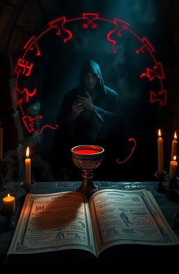 A dark and mysterious spell cast in a dimly lit ancient chamber, featuring ethereal red glowing runes swirling around a central ornate chalice filled with crimson liquid