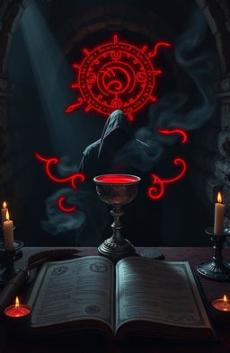 A dark and mysterious spell cast in a dimly lit ancient chamber, featuring ethereal red glowing runes swirling around a central ornate chalice filled with crimson liquid
