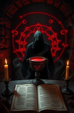 A dark and mysterious spell cast in a dimly lit ancient chamber, featuring ethereal red glowing runes swirling around a central ornate chalice filled with crimson liquid