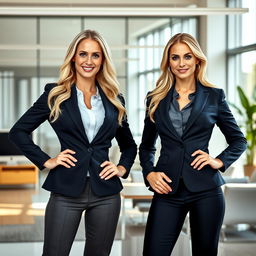 A photorealistic image of two athletic business women with blonde hair, standing confidently in a bright, well-lit office room