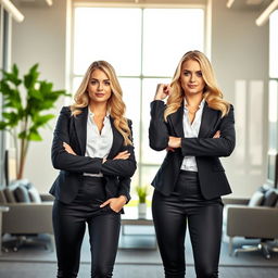 A photorealistic image of two athletic business women with blonde hair, standing confidently in a bright, well-lit office room