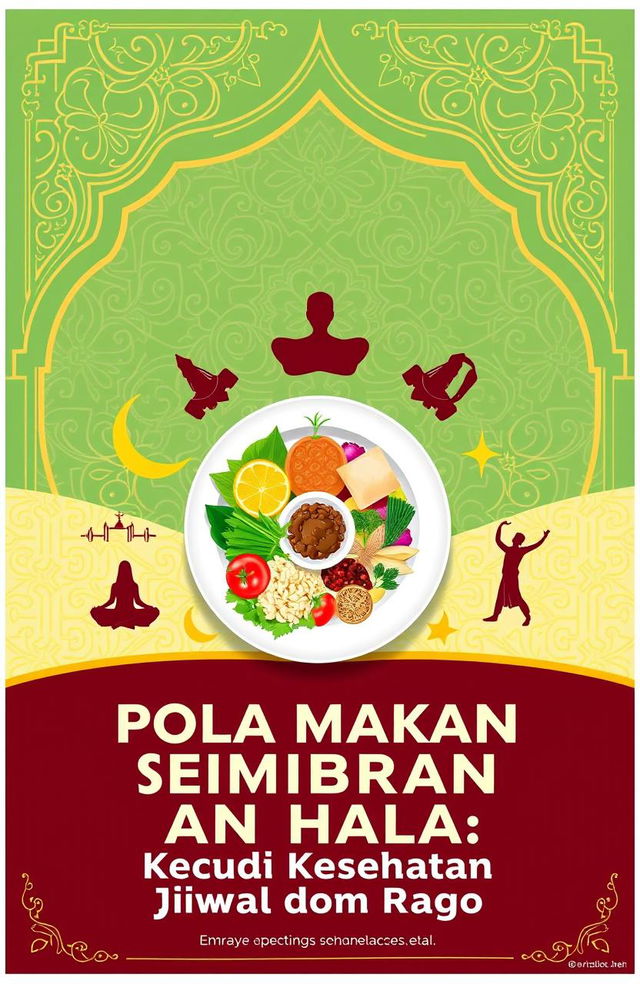 A vibrant and informative poster concept representing the theme of 'Memelihara Jiwa dan Raga: Pentingnya Pola Makan Seimbang dan Halal dalam Islam'