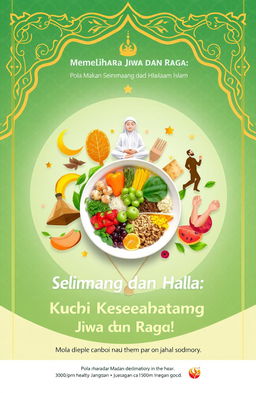 A vibrant and informative poster concept representing the theme of 'Memelihara Jiwa dan Raga: Pentingnya Pola Makan Seimbang dan Halal dalam Islam'