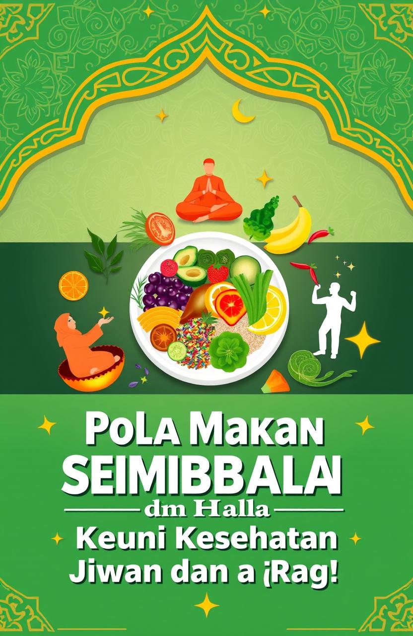 A vibrant and informative poster concept representing the theme of 'Memelihara Jiwa dan Raga: Pentingnya Pola Makan Seimbang dan Halal dalam Islam'