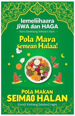 A vibrant and informative poster concept representing the theme of 'Memelihara Jiwa dan Raga: Pentingnya Pola Makan Seimbang dan Halal dalam Islam'