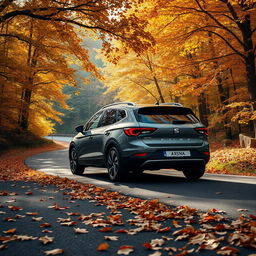 A SEAT Arona SUV car parked on a winding road, surrounded by lush trees displaying vibrant autumn foliage in warm colors such as oranges, yellows, and browns