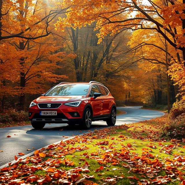 A SEAT Arona SUV car parked on a winding road, surrounded by lush trees displaying vibrant autumn foliage in warm colors such as oranges, yellows, and browns