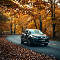 A SEAT Arona SUV car parked on a winding road, surrounded by lush trees displaying vibrant autumn foliage in warm colors such as oranges, yellows, and browns