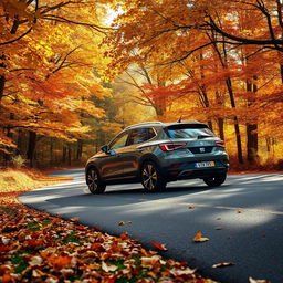 A SEAT Arona SUV car parked on a winding road, surrounded by lush trees displaying vibrant autumn foliage in warm colors such as oranges, yellows, and browns