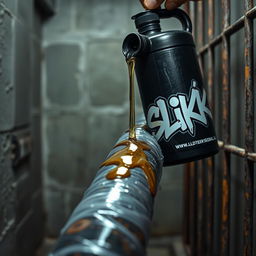 Close-up of a large black baseball bat wrapped in plastic, with clear oil from a big black lube container featuring a vivid graffiti logo reading "SLiKK" pouring over the bat