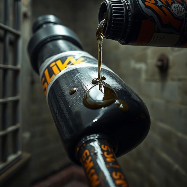 Close-up of a large black baseball bat wrapped in plastic, with clear oil from a big black lube container featuring a vivid graffiti logo reading "SLiKK" pouring over the bat