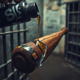 Close-up of a large black baseball bat wrapped in plastic, with clear oil from a big black lube container featuring a vivid graffiti logo reading "SLiKK" pouring over the bat