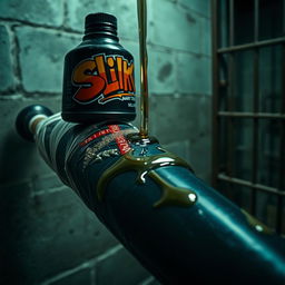 Close-up of a large black baseball bat wrapped in plastic, with clear oil from a big black lube container featuring a vivid graffiti logo reading "SLiKK" pouring over the bat
