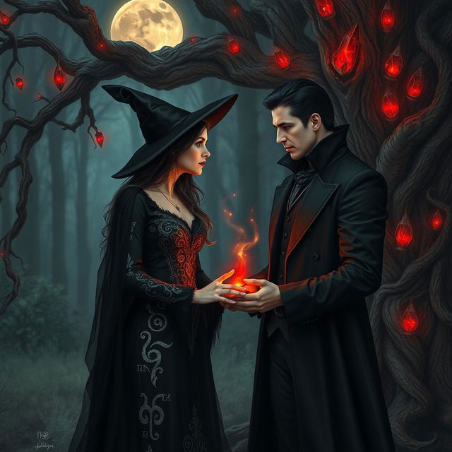 A romantic scene depicting a witch and a vampire in a mystical forest under a full moon