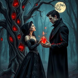 A romantic scene depicting a witch and a vampire in a mystical forest under a full moon