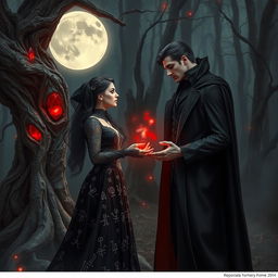 A romantic scene depicting a witch and a vampire in a mystical forest under a full moon