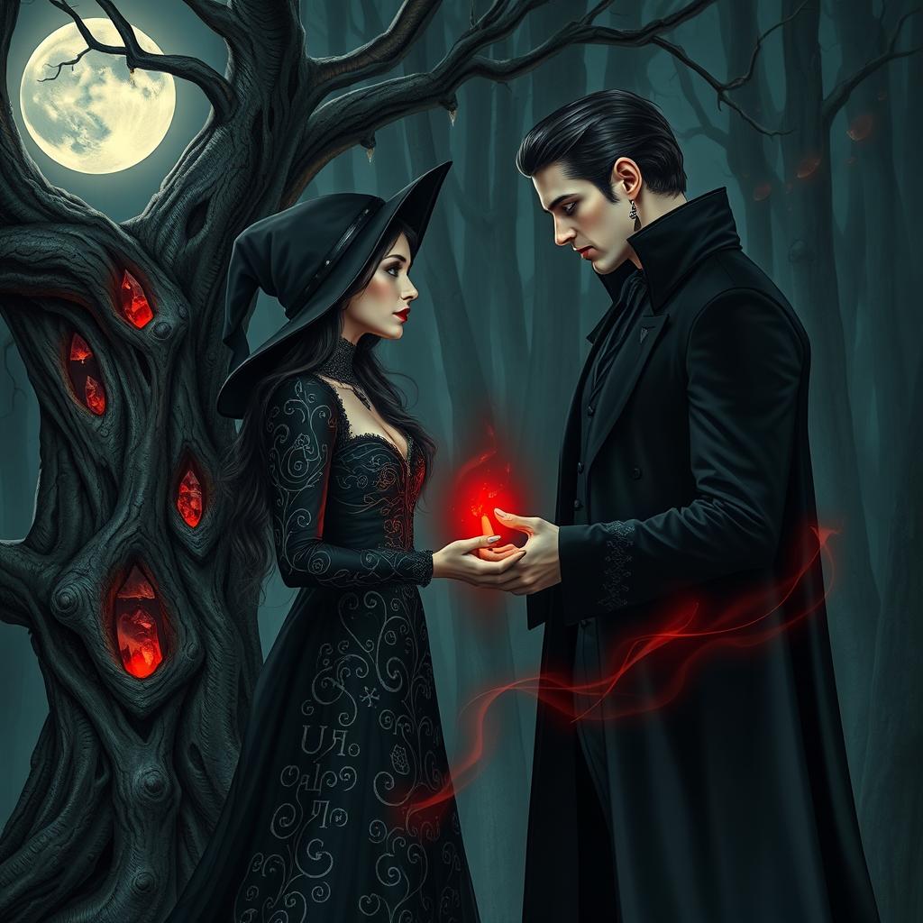 A romantic scene depicting a witch and a vampire in a mystical forest under a full moon