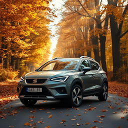 A SEAT Arona SUV car parked on a picturesque road, enveloped by tall trees adorned with vibrant autumn leaves in warm shades of orange, yellow, and brown