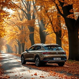 A SEAT Arona SUV car parked on a picturesque road, enveloped by tall trees adorned with vibrant autumn leaves in warm shades of orange, yellow, and brown