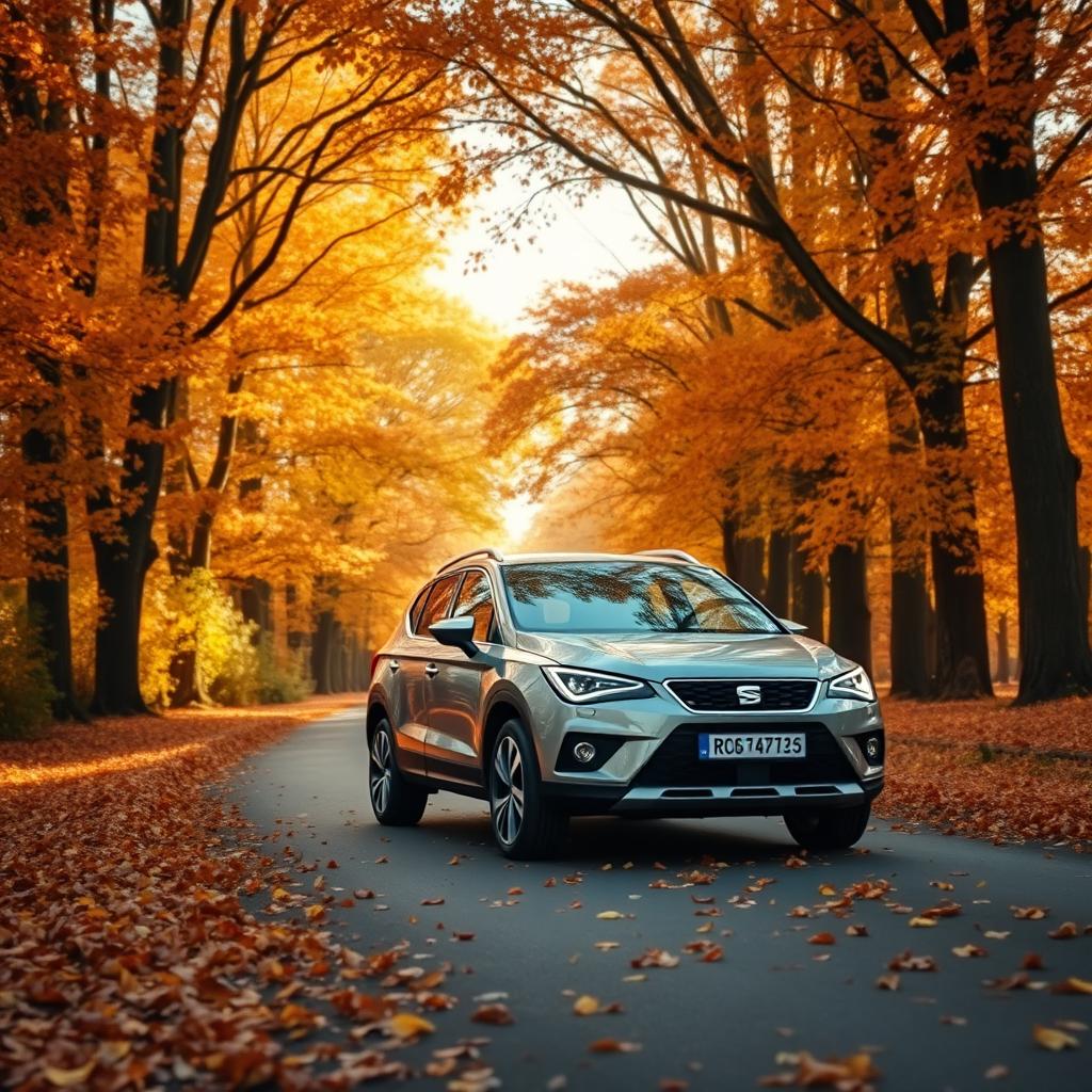 A SEAT Arona SUV car parked on a picturesque road, enveloped by tall trees adorned with vibrant autumn leaves in warm shades of orange, yellow, and brown