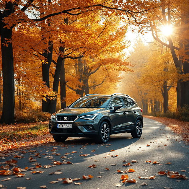 A SEAT Arona SUV car parked on a picturesque road, enveloped by tall trees adorned with vibrant autumn leaves in warm shades of orange, yellow, and brown