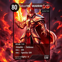 A captivating trading card design featuring a Metallic Fire Warrior character, ready for action with a fierce and determined expression