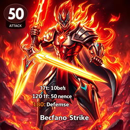 A captivating trading card design featuring a Metallic Fire Warrior character, ready for action with a fierce and determined expression