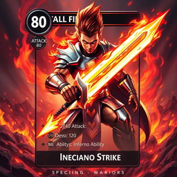 A captivating trading card design featuring a Metallic Fire Warrior character, ready for action with a fierce and determined expression