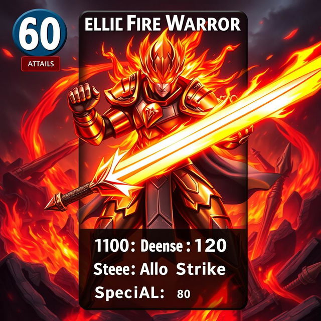 A captivating trading card design featuring a Metallic Fire Warrior character, ready for action with a fierce and determined expression