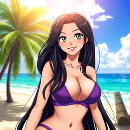 A voluptuous anime character inspired by Nico Robin from One Piece, featuring long black hair styled in a beachy wave, wearing a form-fitting purple bikini top that accentuates her curves