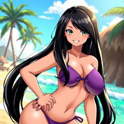 A voluptuous anime character inspired by Nico Robin from One Piece, featuring long black hair styled in a beachy wave, wearing a form-fitting purple bikini top that accentuates her curves