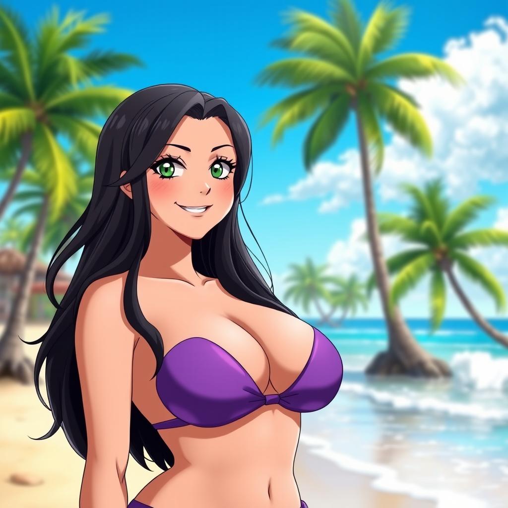 A voluptuous anime character inspired by Nico Robin from One Piece, featuring long black hair styled in a beachy wave, wearing a form-fitting purple bikini top that accentuates her curves