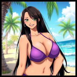 A voluptuous anime character inspired by Nico Robin from One Piece, featuring long black hair styled in a beachy wave, wearing a form-fitting purple bikini top that accentuates her curves