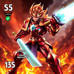 A striking trading card design featuring a Metallic Fire Warrior character, ready for action with a fierce and determined expression