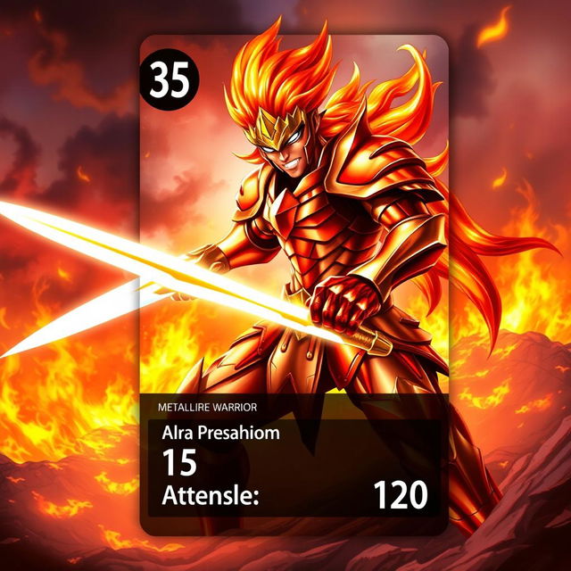 A striking trading card design featuring a Metallic Fire Warrior character, ready for action with a fierce and determined expression