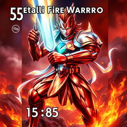 A striking trading card design featuring a Metallic Fire Warrior character, ready for action with a fierce and determined expression
