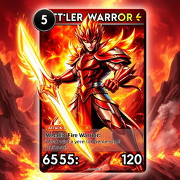 A striking trading card design featuring a Metallic Fire Warrior character, ready for action with a fierce and determined expression