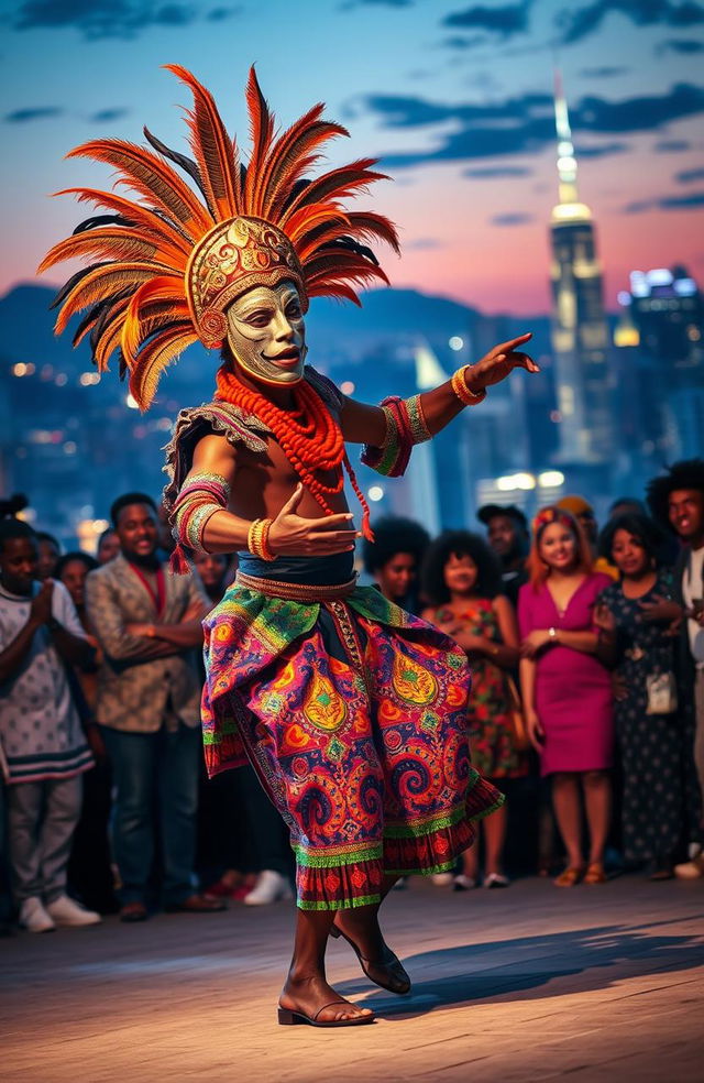 A vibrant dancer in a traditional Adanma masquerade costume, showcasing intricate patterns and bright colors, performing energetically