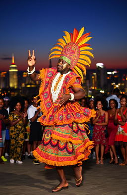 A vibrant dancer in a traditional Adanma masquerade costume, showcasing intricate patterns and bright colors, performing energetically