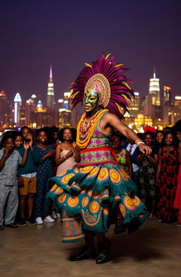 A vibrant dancer in a traditional Adanma masquerade costume, showcasing intricate patterns and bright colors, performing energetically