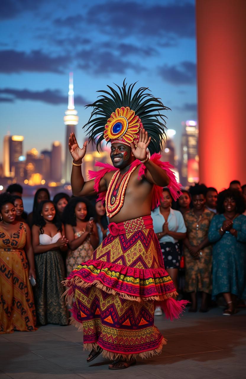 A vibrant dancer in a traditional Adanma masquerade costume, showcasing intricate patterns and bright colors, performing energetically